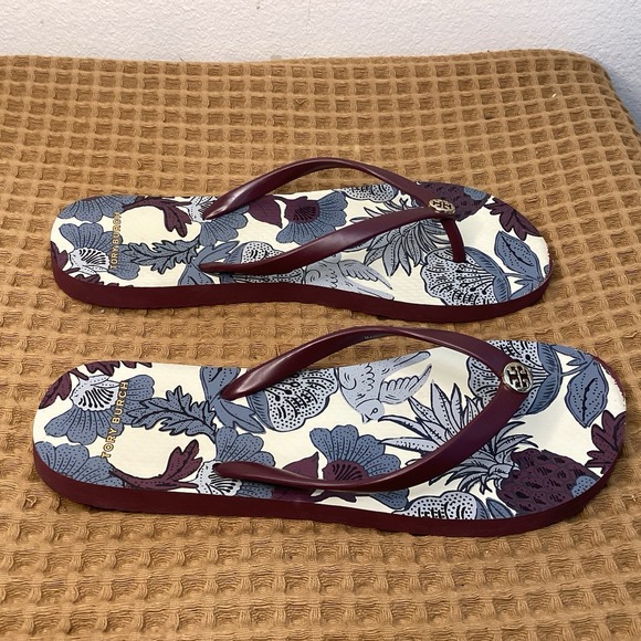 Tory Burch Women's Sz 9 M Flip Flop Sandals Purple Floral Logo Lightweight - Picture 2 of 8